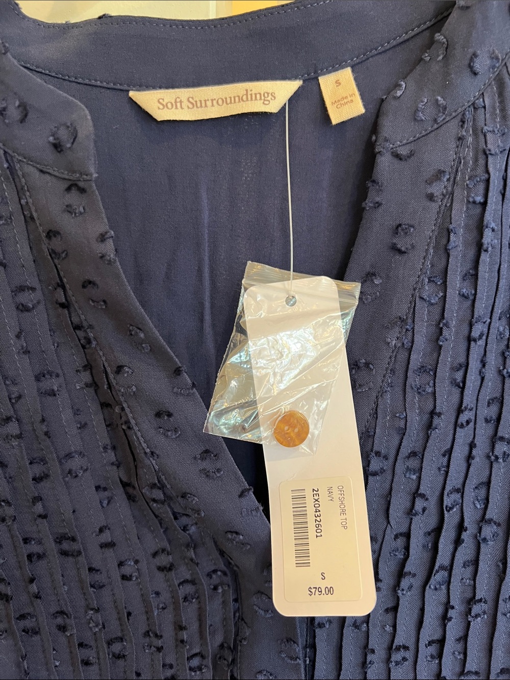 Soft Surroundings Navy Pintuck Dot-Textured Short Sleeve Blouse